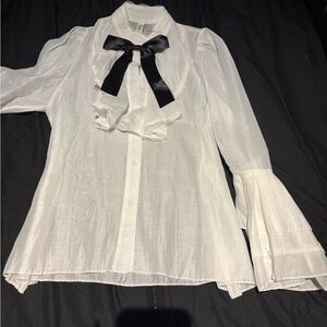 White Ruffle Bow Blouse with Black Ribbon